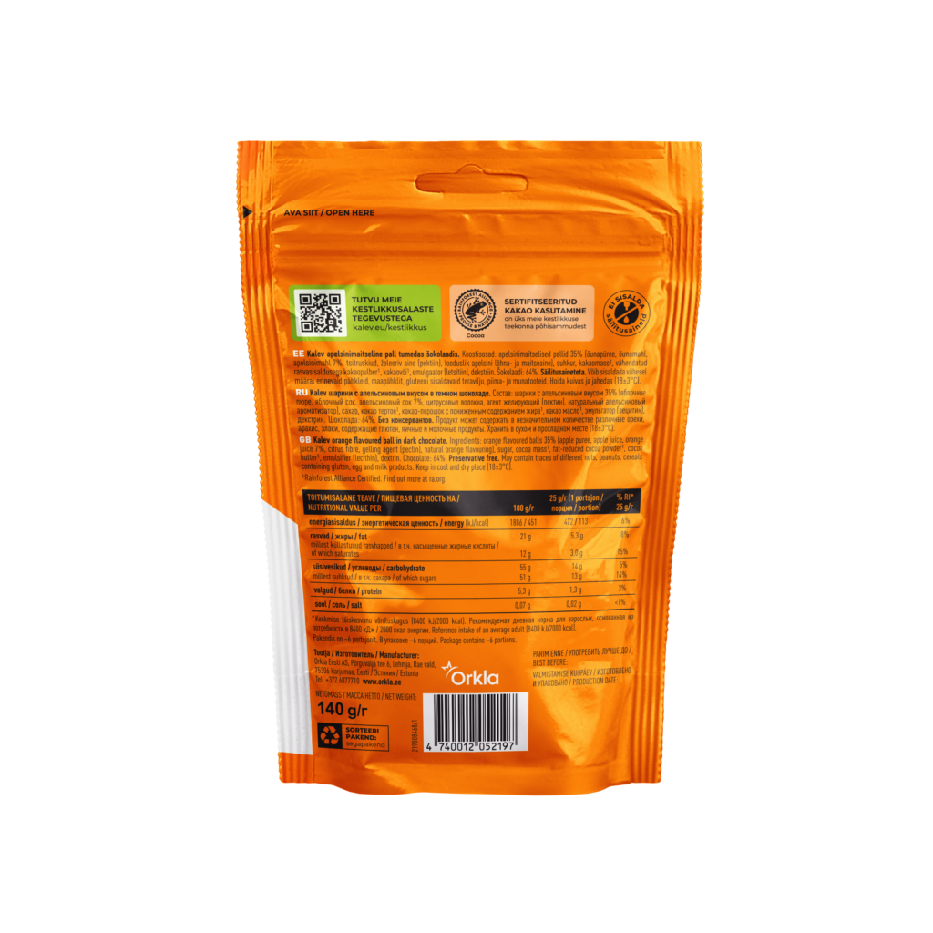 Kalev apelsinimaitseline pall tumedas šokolaadis 140g