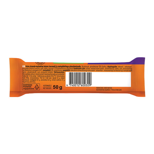 Kalev brownie-maitseline batoon karamelli ja metspähklitega piimašokolaadis 50g P