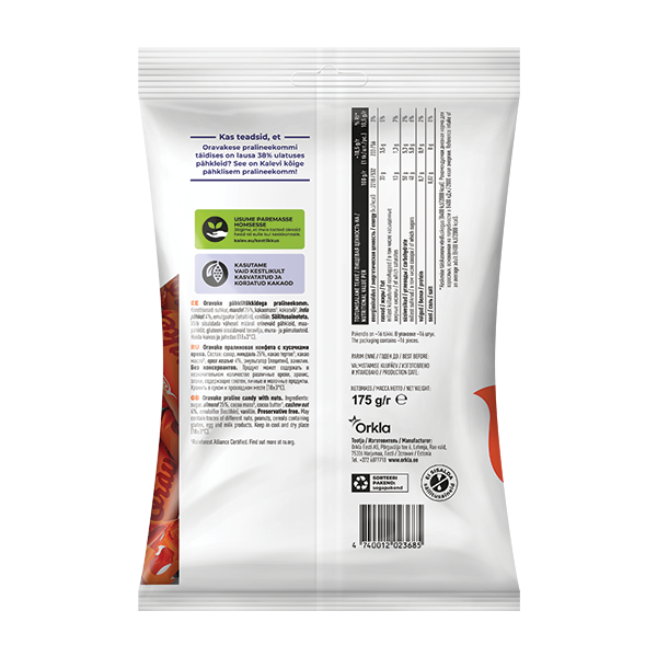 Kalev Oravake pähklitükkidega pralineekomm 175g P