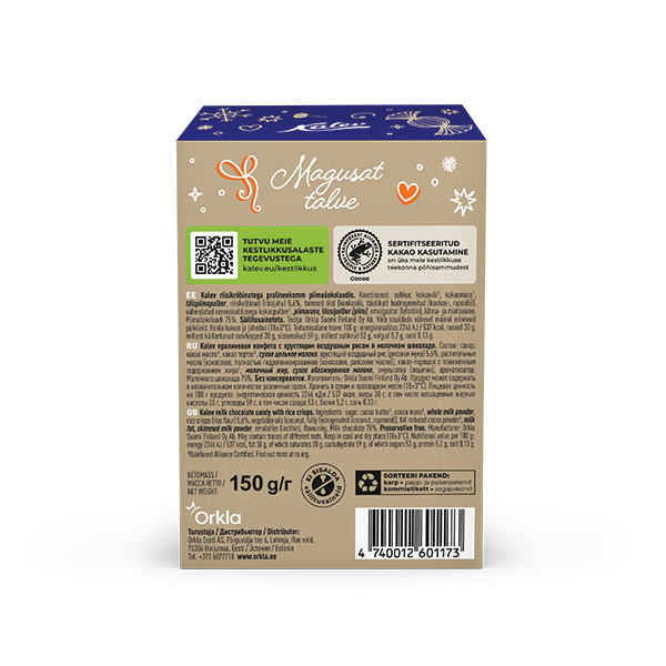 Kalev riisikrõbinatega pralineekomm piimašokolaadis 150g (pakend muljunud)