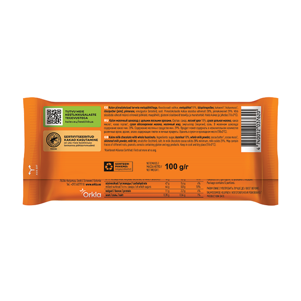 Kalev piimašokolaad tervete metspähklitega 100g
