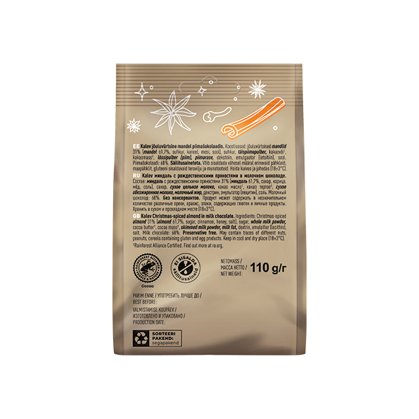 Kalev jõuluvürtsine mandel piimašokolaadis 110g